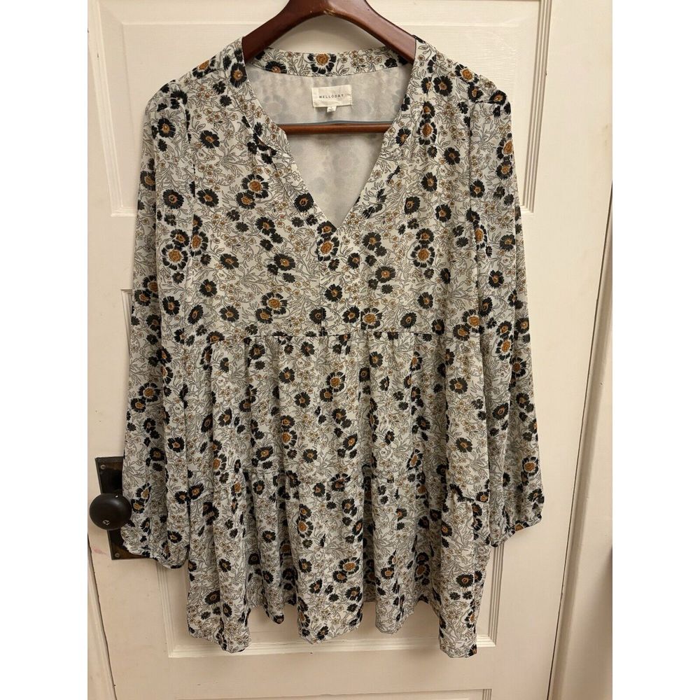 Melloday‎ Field Of Flowers Beige Print Tiered Tunic Lined Size Large